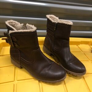 Brown faux fur lined ankle boots with buckle detail